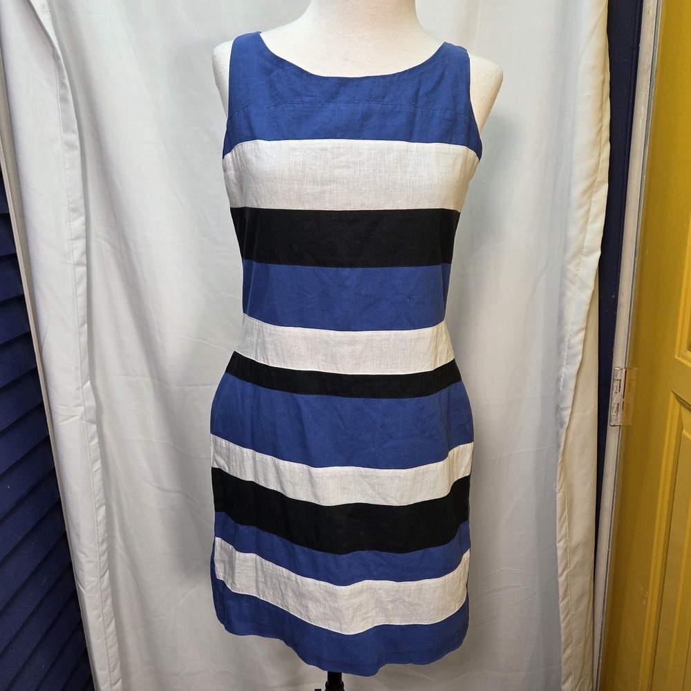 Banana Republic Sz 0 Blue Sleeveless Striped Linen Blend Sheath Dress